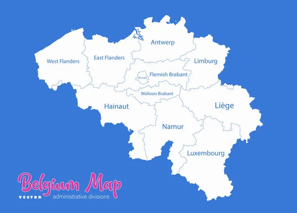 Bélgica Mapa Divisiones Administrativas Con Nombres Regiones Vector Fondo Azul — Archivo Imágenes Vectoriales