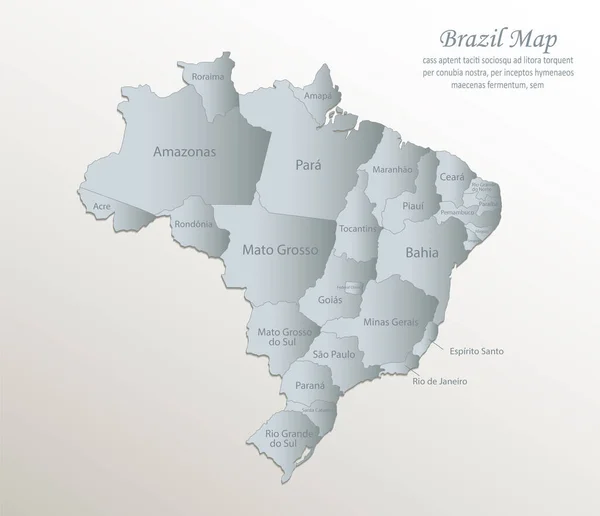 ブラジル地図 名前を持つ行政部門 ホワイトブルーカード紙3Dベクトル — ストックベクタ