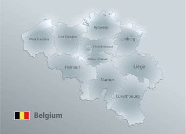 Belçika haritası ve bayrağı, idari bölüm, bölgeleri ayırır ve bireysel bölgeyi isimlendirir, tasarım cam kartı 3D vektörü