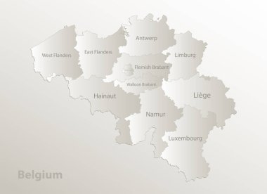 Belçika haritası, idari bölünme, bölgeleri ayırır ve bireysel bölgeyi isimlendirir, kart kağıdı 3D doğal vektör
