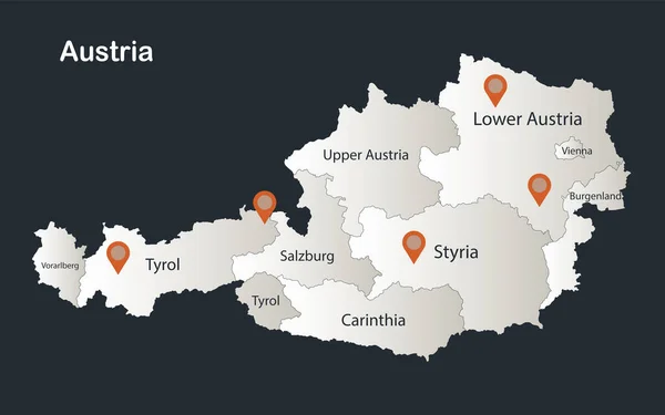 Austria Mapa Infografías Diseño Plano Colores Blanco Nieve Con Nombres — Vector de stock