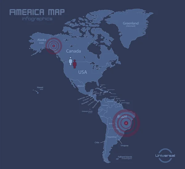 Amerika Mapa Jmény Jednotlivých Států Infographics Modrý Plochý Design Vektor — Stockový vektor