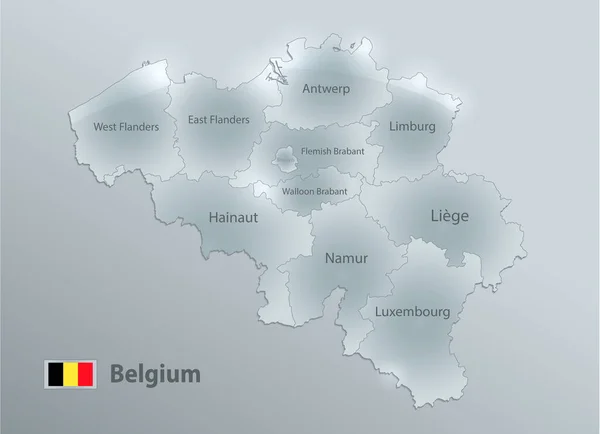 比利时地图和国旗 行政区划 区分区域和名称 设计玻璃卡3D矢量 — 图库矢量图片