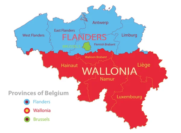 Бельгийская Карта Отдельные Регионы Провинции Именами Векторов — стоковый вектор