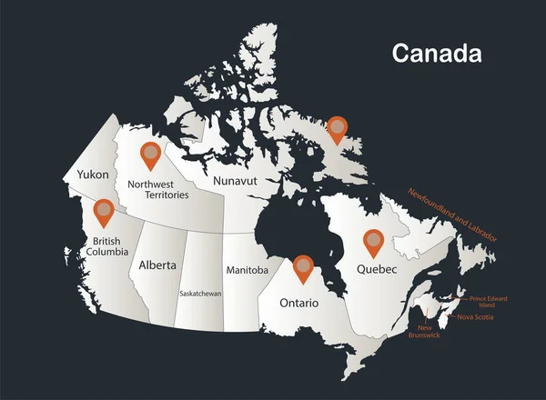 Peta Kanada Infografis Warna Desain Datar Salju Putih Dengan Nama - Stok Vektor