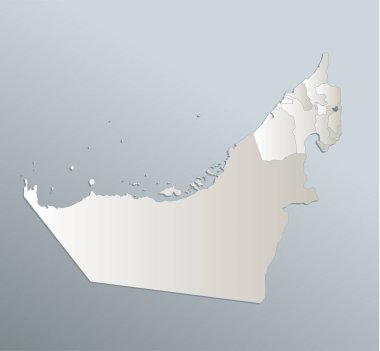 Birleşik Arap Emirlikleri haritası, idari bölüm, mavi beyaz kart kağıdı 3D boş