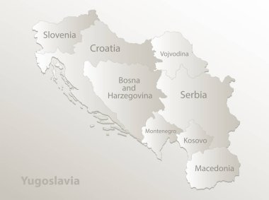 Yugoslavya haritası, idari bölünme, bölgeleri ayırıyor ve ayrı devletleri isimlendiriyor, kart kağıdı 3D doğal vektör