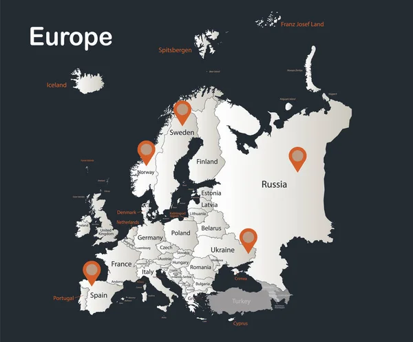 Карта Европы Инфографика Плоский Дизайн Цветов Снег Белый Названиями Отдельных — стоковый вектор