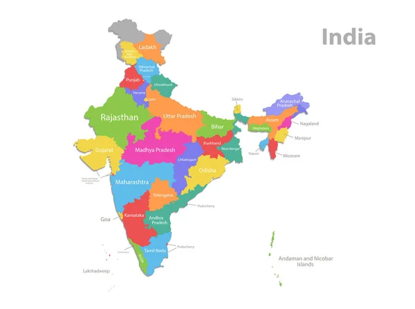 Mapa India División Administrativa Regiones Individuales Separadas Con Nombres Nuevo — Archivo Imágenes Vectoriales