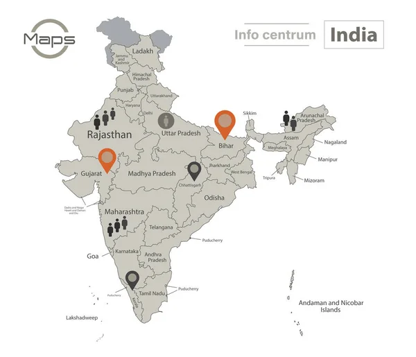 India Hartă Regiuni Individuale Nume Infografic Icoane Vector — Vector de stoc