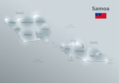 Samoa haritası ve bayrağı, idari bölüm, bölgeleri ve isimleri ayırır, tasarım cam kartı 3D vektörü