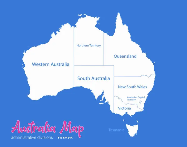 Australia Map Administrative Divisions Whit Names Regions Blue Background Vector — Stock Vector