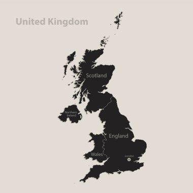 Birleşik Krallık 'ın siyah haritası bölgelerin isimleri, tasarım karatahta vektörü