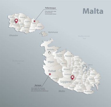 Malta haritası, isimlerle idari bölüm, mavi beyaz kart 3B vektörü