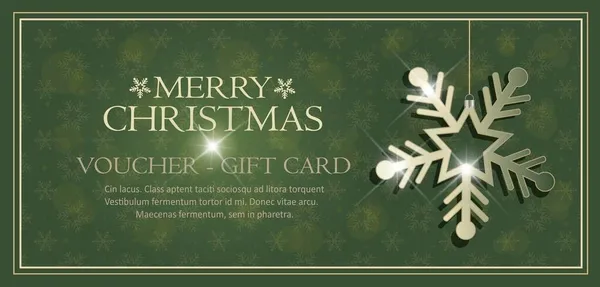 雪の結晶を持つバウチャー 排他的なギフトカード メリークリスマスの背景緑のベクトル — ストックベクタ
