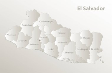 El Salvador haritası, idari bölüm, bölgeleri ve isimleri ayrı tutar, kart kağıdı 3 boyutlu doğal vektör