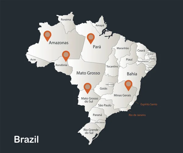Brazílie Mapa Infographics Plochý Design Barvy Sněhobílé Názvy Jednotlivých Oblastí — Stockový vektor