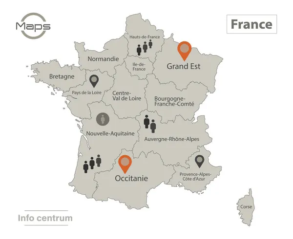Карта Франции Отдельные Регионы Названиями Инфографика Вектор Значков — стоковый вектор
