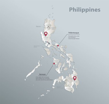 Filipinler haritası, isimlerle idari bölüm, mavi beyaz kart 3D vektörü