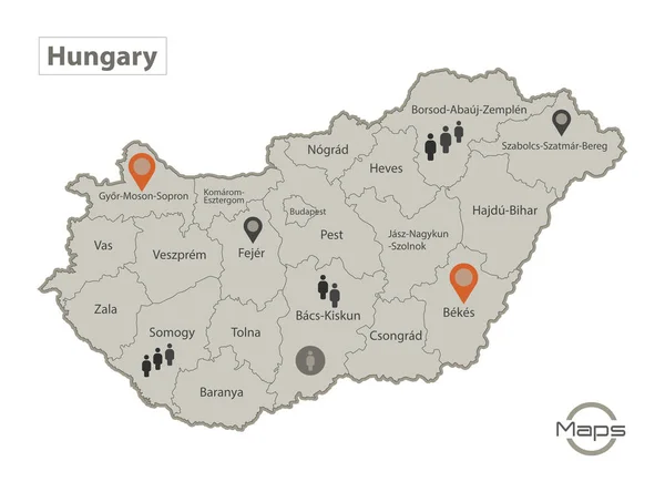 Maďarsko Mapa Jednotlivé Oblasti Názvy Infographics Ikony Vektor — Stockový vektor