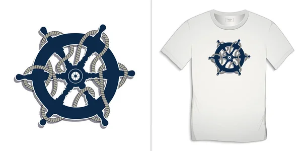 Impresión Diseño Gráficos Marinos Camiseta Icono Del Timón Con Cuerda — Archivo Imágenes Vectoriales