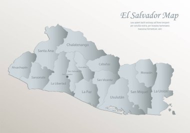 El Salvador haritası, isimlerle idari bölüm, beyaz mavi kart kağıdı 3D vektör