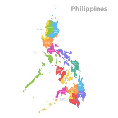 Filipinler haritası, idari bölüm, isimlerle ayrılmış ayrı bölgeler, beyaz arkaplan vektörü üzerinde izole edilmiş renk haritası