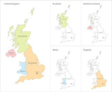Birleşik Krallık haritası, idari bölümler, bölgeler ayrı vektör