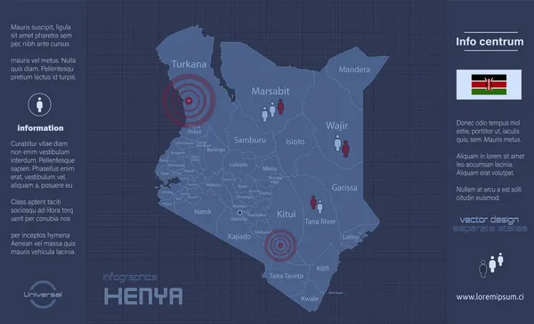 Mapa Kenii Oddzielne Regiony Nazwami Infografika Niebieski Płaski Wektor Projektu — Wektor stockowy