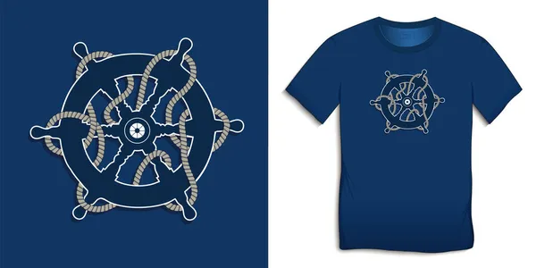 Impression Sur Shirt Design Graphique Marine Icône Gouvernail Avec Corde — Image vectorielle