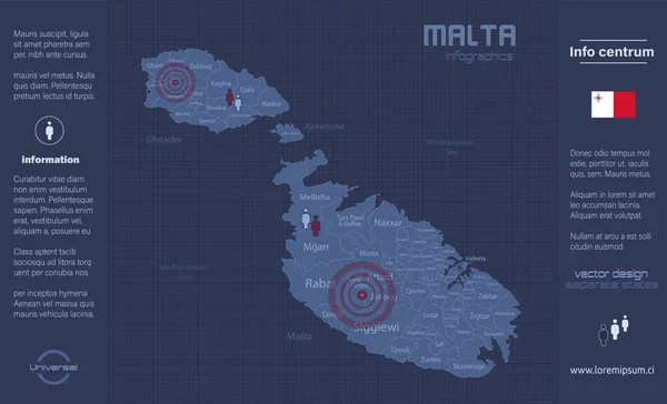 Malta Mapa Oddzielne Regiony Nazwami Infografika Niebieski Płaski Wektor Projektu — Wektor stockowy