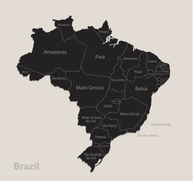 Bölgelerin isimleriyle Brezilya 'nın kara haritası, tasarım karatahta vektörü