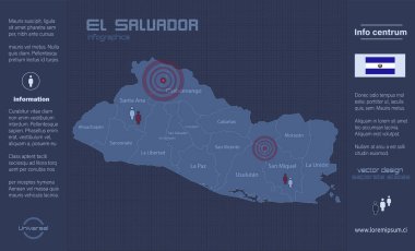 El Salvador haritası, isimlerin olduğu ayrı bölgeler, bilgi grafikleri mavi düz tasarım vektörü