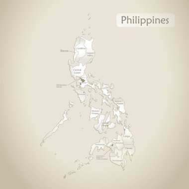 Filipinler haritası, isimlerle idari bölüm, eski kağıt arkaplan vektörü