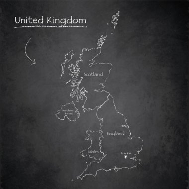 Birleşik Kongdom haritası, bölgeleri ve isimleri ayırır, tasarım kartı tahtası, karatahta vektörü