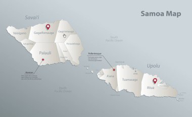Samoa haritası, isimlerle idari bölüm, mavi beyaz kart 3B vektörü