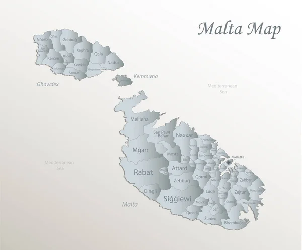 Malta Mapa Podział Administracyjny Nazwami Biały Niebieski Kartka Papier Wektor — Wektor stockowy