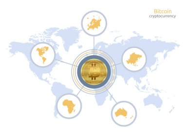 Bitcoin ve kıtalar haritası, beyaz arkaplan vektöründe izole edilmiş bilgi grafikleri