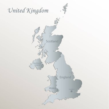 Birleşik Krallık haritası, isimlerle idari bölüm, beyaz mavi kart kağıdı 3D vektör