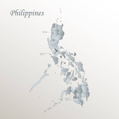 Filipinler haritası, isimlerle idari bölüm, beyaz mavi kart 3D vektörü