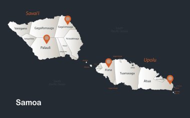 Samoa haritası, Infographics düz tasarım renkleri Kar beyazı, bireysel bölge vektörlerinin isimleriyle