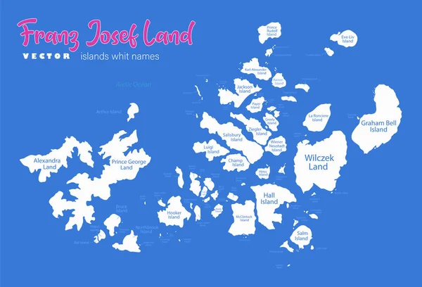 Карта Землі Франца Йозефа Назви Островів Блакитний Фон — стоковий вектор