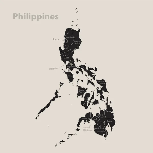 Mapa Preto Filipinas Com Nomes Regiões Vetor Quadro Negro Design — Vetor de Stock