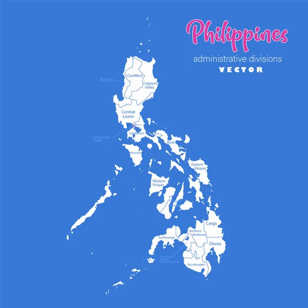 Philippines Map Administrative Divisions Whit Names Regions Blue Background Vector — Stock Vector