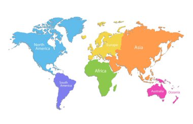 Dünya haritası ve kıtalar, beyaz arkaplan vektöründe izole edilmiş renk haritası