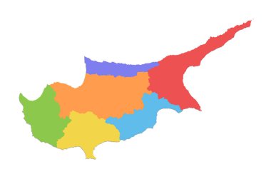 Kıbrıs haritası, idari bölünme, ayrı ayrı bölgeler, beyaz arkaplanda izole edilmiş renk haritası, boş