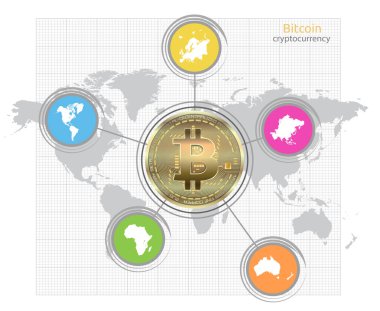Bitcoin madeni para, Dünya ve kıtalar haritası, beyaz arkaplan vektörü üzerinde izole edilmiş bilgi grafikleri