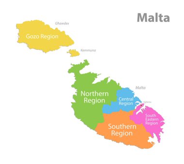 Beyaz arkaplan vektöründe izole edilmiş Malta bölgeleri harita whit isimleri