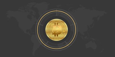 Bitcoin background, gold coin with world map, blank