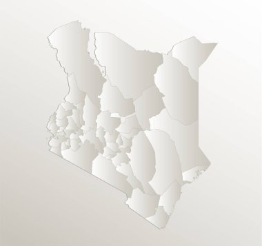 Kenya map, administrative division, separates regions, card paper 3D natural, blank